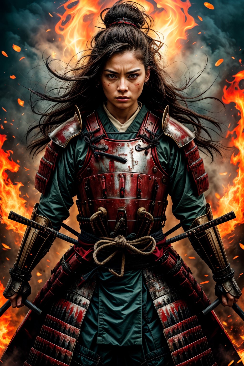 female samurai, charming eyes, long hair, angry, roaring, samurai armor, samurai sword {{rising samurai sword}}, runnung to audience(across many arrows), extremely bloody, forest, flames, bright lights, sharp focus, perfect shading, masterpiece, best quality, extremely detailed, highres, photorealistic, full body