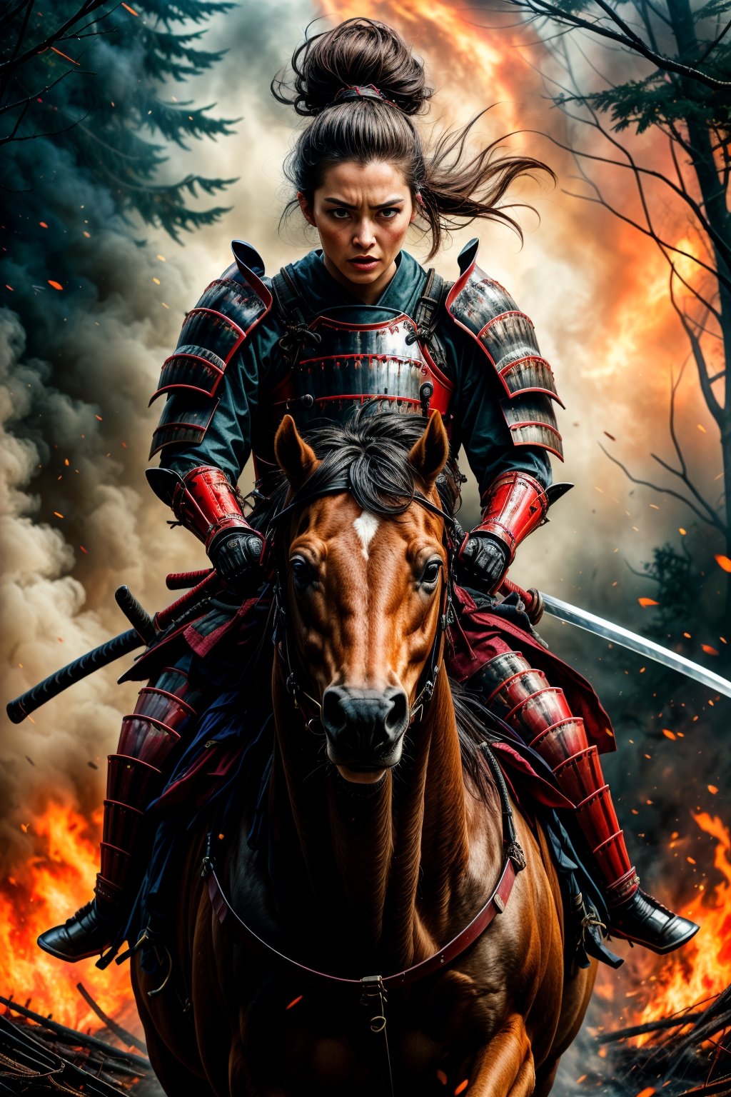 female samurai, charming eyes, long hair, angry, roaring, samurai armor, samurai sword {rising samurai sword}, riding horse {runnung to audience}}, extremely bloody, forest on fire, flames, bright lights, sharp focus, perfect shading, masterpiece, best quality, extremely detailed, highres, photorealistic, full body
