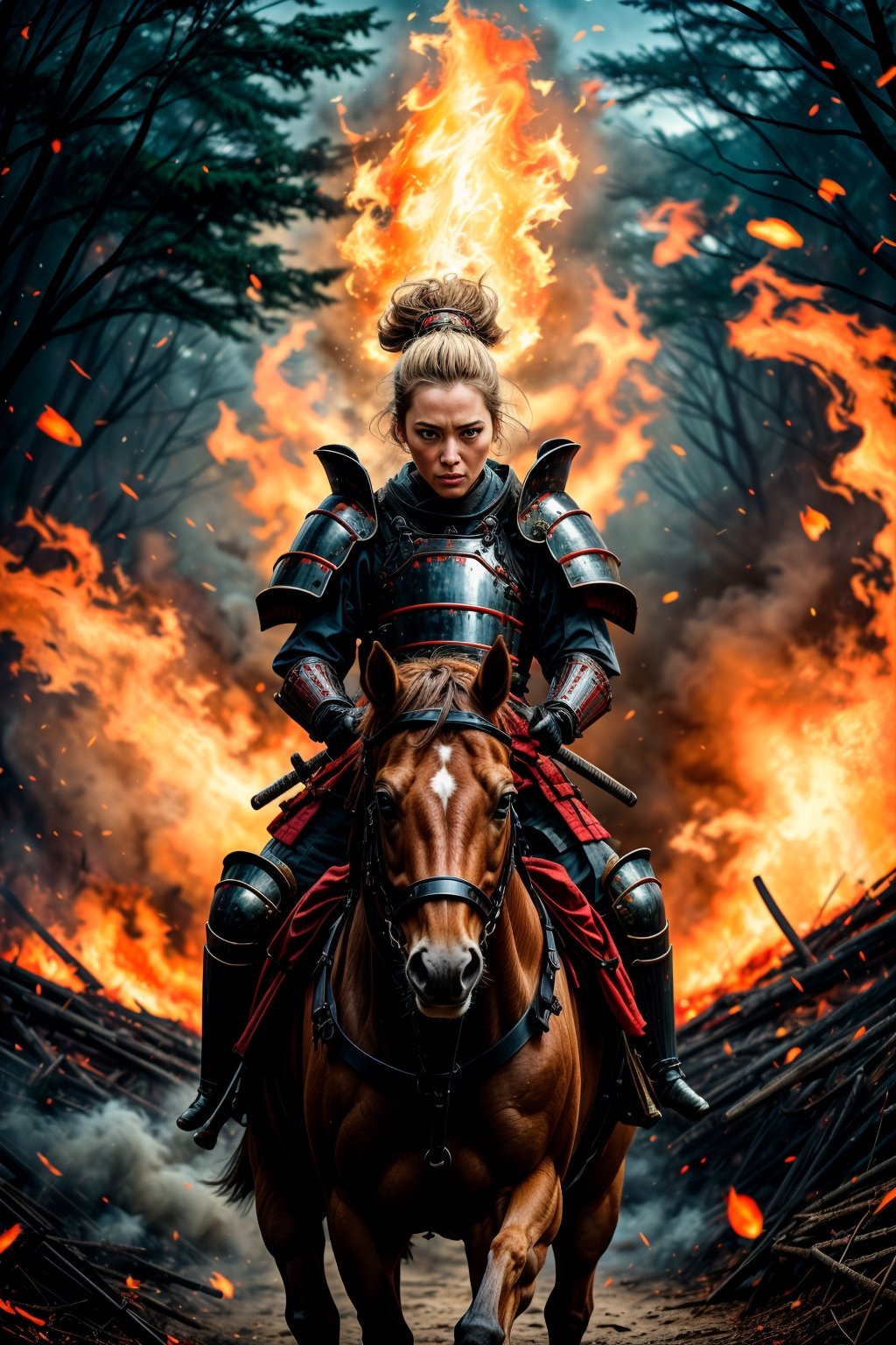 female samurai, charming eyes, long hair, angry, roaring, samurai armor, samurai sword {rising samurai sword}, riding horse {runnung to audience}}, extremely bloody, forest on fire, flames, bright lights, sharp focus, perfect shading, masterpiece, best quality, extremely detailed, highres, photorealistic, full body