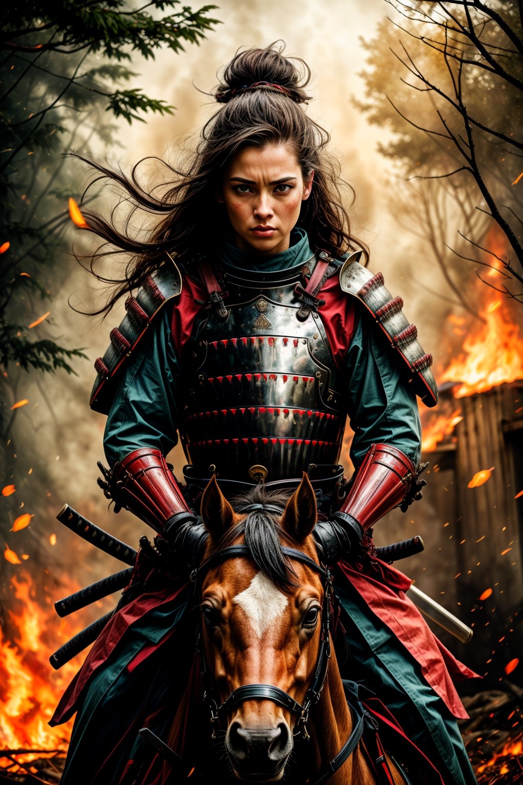 female samurai, charming eyes, long hair, angry, roaring, samurai armor, samurai sword {rising samurai sword}, riding horse {runnung to audience}}, extremely bloody, forest on fire, flames, bright lights, sharp focus, perfect shading, masterpiece, best quality, extremely detailed, highres, photorealistic, full body