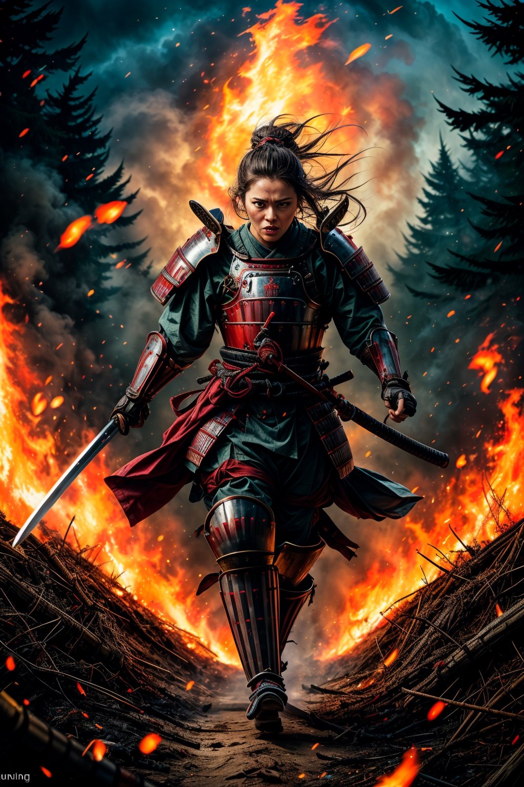 female samurai, charming eyes, long hair, angry, roaring, samurai armor, samurai sword {rising samurai sword}, running fast{runnung to audience}}, extremely bloody, forest on fire, flames, bright lights, sharp focus, perfect shading, masterpiece, best quality, extremely detailed, highres, photorealistic, full body