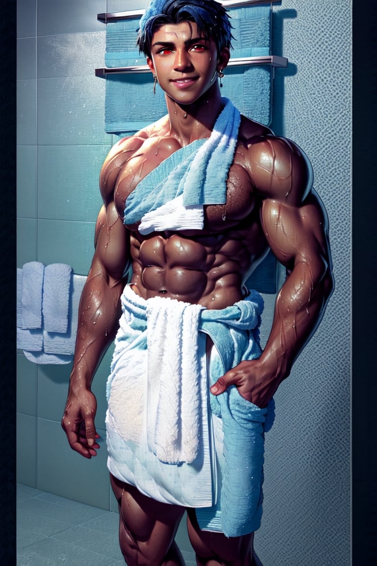 solo, looking at viewer, smile, short hair, red eyes, 1boy, jewelry, blue hair, male focus, earrings, dark skin, black pants, dark-skinned male,, pectorals, dark blue hair, hair strand, big_muscle,  very wet (((wearing a towel around his waist))), background_bathroom, only_towel, pantless,neked_towel,after shower towel wrapped,towel around waist