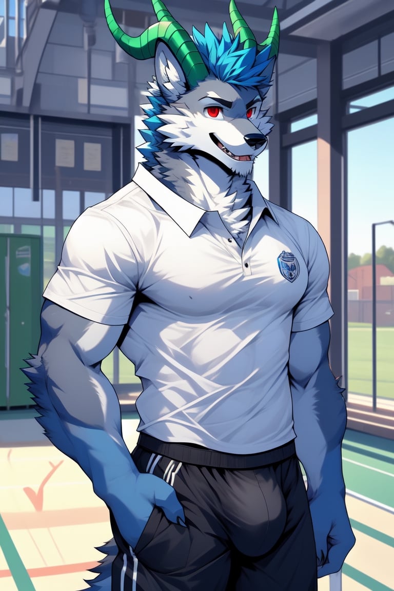 red eyes, 1boy, animal_ears,wolf_ears,wolf_tail ,blue hair,grey_fur, standing, male focus, furry, furry male,wolf boy,wolf,background_school yard, horns_dragón, green_horns, sexy, bulge,pectorals, bulge,Physical_Education_Teacher, white_shirt