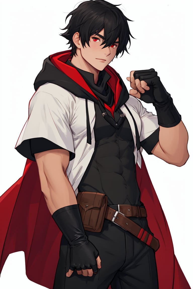 solo, looking at viewer, short hair, bangs, simple background, shirt, black hair, red eyes, gloves, 1boy, white background, hair between eyes, closed mouth, standing, short sleeves, male focus, cowboy shot, black gloves, belt, pants, hood, fingerless gloves, cape, black shirt, covered navel, muscular, black pants, hood down, cloak, pouch, black cape,Lorenzo_Martinez