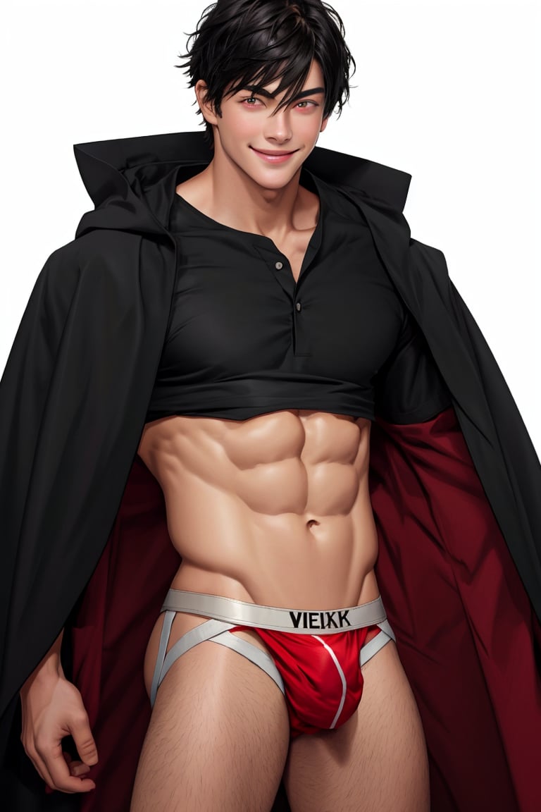 solo, looking at viewer, short hair, bangs, simple background, shirt, black hair, red eyes, 1boy, white background, hair between eyes, smile, standing, short sleeves, male focus, cowboy shot, black shirt, muscular, cloak, pouch,black-coat, jockstrap, underwear,male underwear, bulge, red_jockstrap, better_bulge,