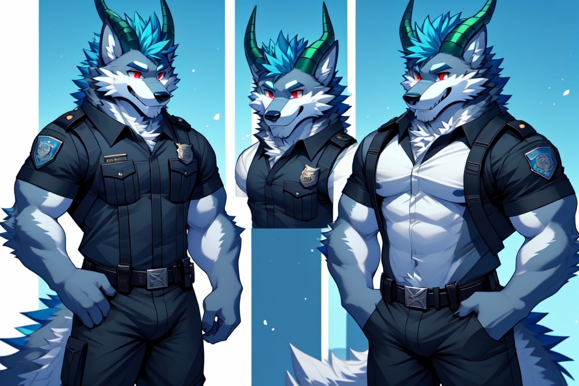 red eyes, 1boy, animal_ears,wolf_ears,wolf_tail ,blue hair, standing, male focus, furry, furry male,wolf boy,wolf,wearing a police uniform,basic_background, horns_dragón, green_horns, sexy, bulge, bara_tiddies