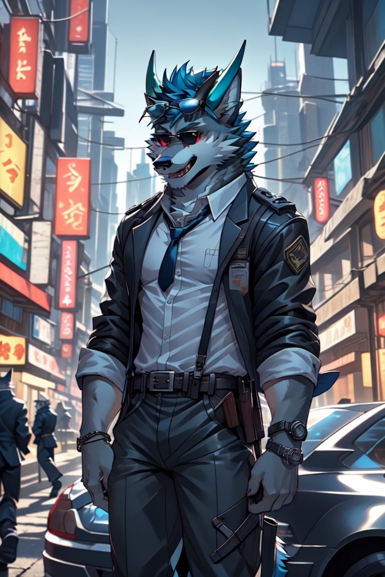 looking at viewer, open mouth, shirt, red eyes, 1boy, animal ears, blue hair, sitting in a rock, jacket, tail, white shirt, weapon, male focus, cowboy shot, outdoors, open clothes, necktie, horns, collared shirt, belt, pants, bracelet, open jacket, black jacket, fangs, black pants, formal, sunglasses, suspenders, suit, building, black necktie, furry, handgun, watch, city, hands in pockets, wristwatch, cityscape, holster, furry male, skyscraper, black suit, wolf boy,wolf,green_horns,wolfboy, sunglasses,Cyberpunk
