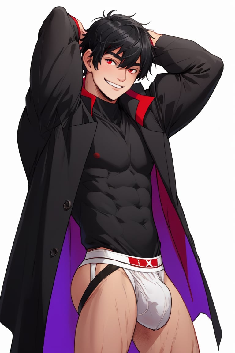 solo, looking at viewer, short hair, bangs, simple background, shirt, black hair, red eyes, 1boy, white background, hair between eyes, smile, standing, short sleeves, male focus, cowboy shot, black shirt, muscular, cloak, pouch,black-coat, jockstrap, underwear,male underwear, bulge, red_jockstrap,