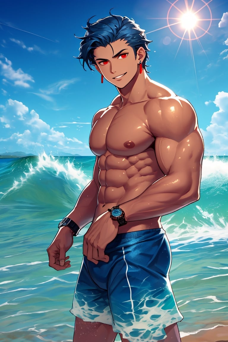 A dark-skinned male stands confidently on the sandy Beautiful Beach, looking directly at the viewer with a serious expression. His short, dark blue hair is styled perfectly, and his red eyes seem to pierce through the camera lens. He wears a swimsuit that accentuates his toned pectorals, and a wristwatch adorns his arm. A strand of hair falls across his forehead, adding to his rugged charm. A subtle grin plays on his lips, as he gazes out at the sea. His dark skin glistens in the sunlight, and earrings glint from his ears. The background beach stretches out behind him, with waves crashing against the shore.,Beautiful Beach