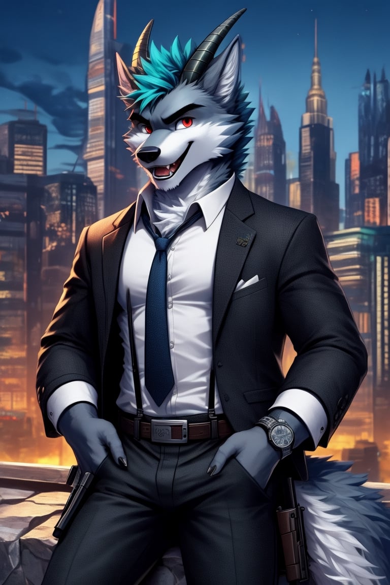 looking at viewer, open mouth, shirt, red eyes, 1boy, animal ears, blue hair, sitting in a rock, jacket, tail, white shirt, weapon, male focus, cowboy shot, outdoors, open clothes, necktie, horns, collared shirt, belt, pants, bracelet, open jacket, black jacket, fangs, black pants, formal, sunglasses, suspenders, suit, building, black necktie, furry, handgun, watch, city, hands in pockets, wristwatch, cityscape, holster, furry male, skyscraper, black suit, wolf boy,wolf,green_horns,wolfboy