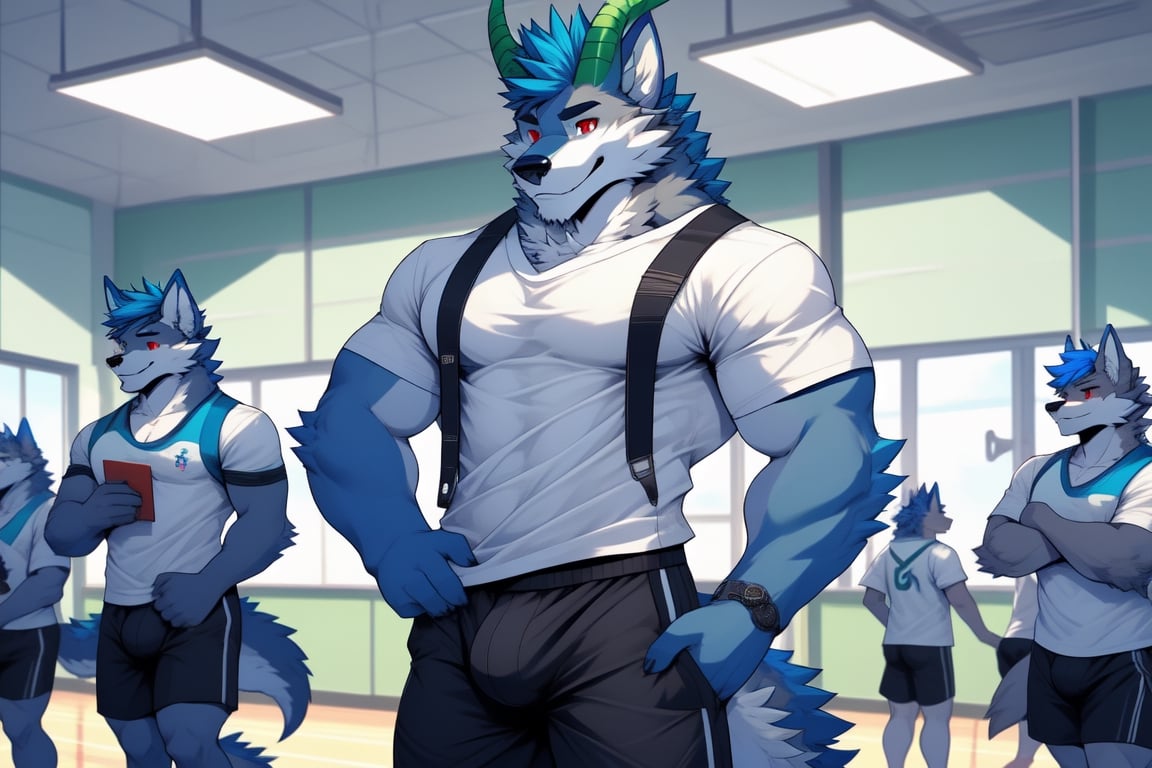 red eyes, 1boy, animal_ears,wolf_ears,wolf_tail ,blue hair,grey_fur, standing, male focus, furry, furry male,wolf boy,wolf,background_school, horns_dragón, green_horns, sexy, bulge, bara_tiddies, bulge,Physical_Education_Teacher, white_shirt