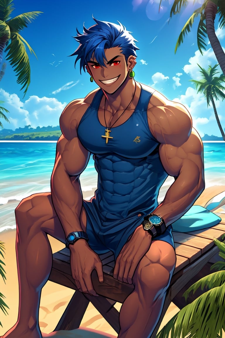 solo, looking at viewer,serious ,short hair, red eyes, 1boy, jewelry, sitting, blue hair, male, stading in the sand, male_only, earrings,swimsuit ,dark skin, grin, window, dark-skinned male, pectorals, watch,wristwatch, dark blue hair, hair strand,Beautiful Beach, background_beach, 
