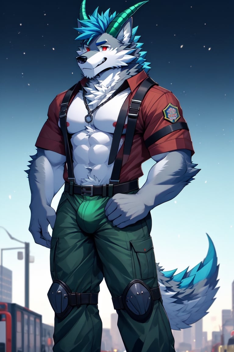 red eyes, 1boy, animal_ears,wolf_ears,wolf_tail ,blue hair,grey_fur, standing, male focus, furry, furry male,wolf boy,wolf,wearing a firefighter uniform,basic_background, horns_dragón, green_horns, sexy, bulge, bara_tiddies