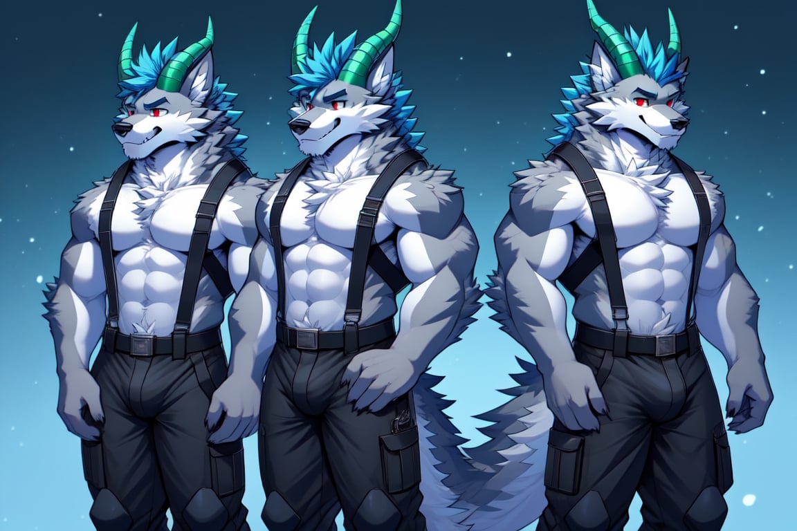 red eyes, 1boy, animal_ears,wolf_ears,wolf_tail ,blue hair,grey_fur, standing, male focus, furry, furry male,wolf boy,wolf,wearing a firefighter uniform,basic_background, horns_dragón, green_horns, sexy, bulge, bara_tiddies