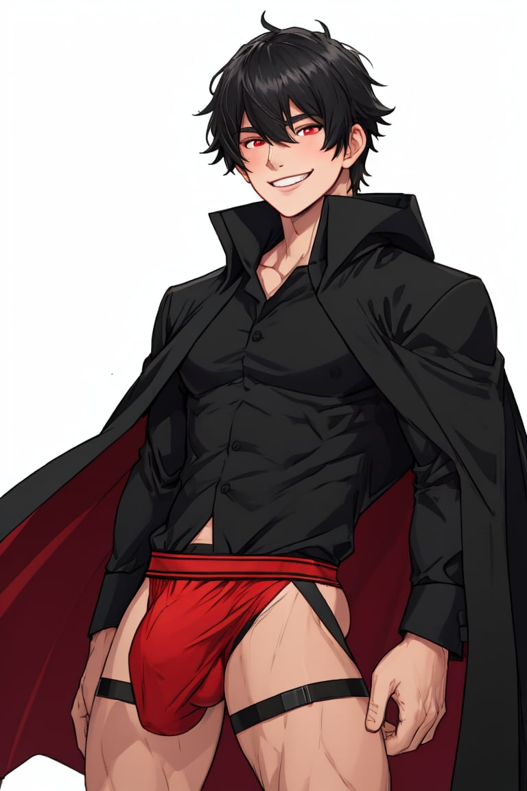 solo, looking at viewer, short hair, bangs, simple background, shirt, black hair, red eyes, 1boy, white background, hair between eyes, smile, standing, short sleeves, male focus, cowboy shot, black shirt, muscular, cloak, pouch,black-coat, jockstrap, underwear,male underwear, bulge, red_jockstrap, better_bulge