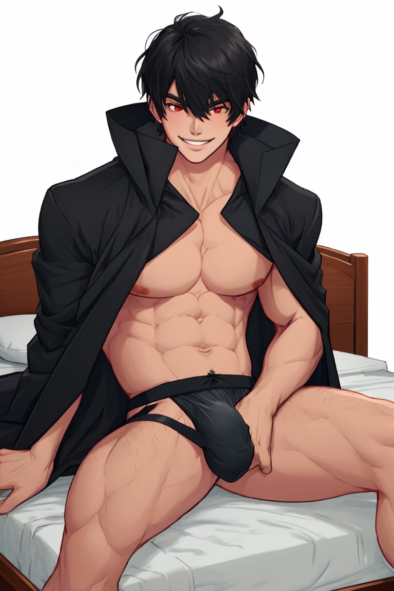 solo, looking at viewer, short hair, bangs,room background, shirt, black hair, red eyes, 1boy, white background, hair between eyes, smile,sitting in a bed, short sleeves, male focus, cowboy shot, black shirt, muscular, cloak, pouch,black-coat, jockstrap, underwear,male underwear, bulge, red_jockstrap, open_legs