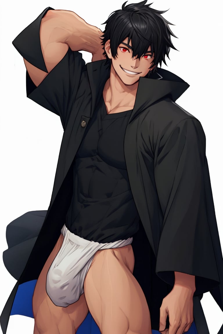 solo, looking at viewer, short hair, bangs,house_background, shirt, black hair, red eyes, 1boy, white background, hair between eyes, smile,stading, short sleeves, male focus, cowboy shot, black shirt, muscular, cloak, pouch,black-coat, underwear,male underwear, bulge,open_legs,japanese clothes, fundoshi