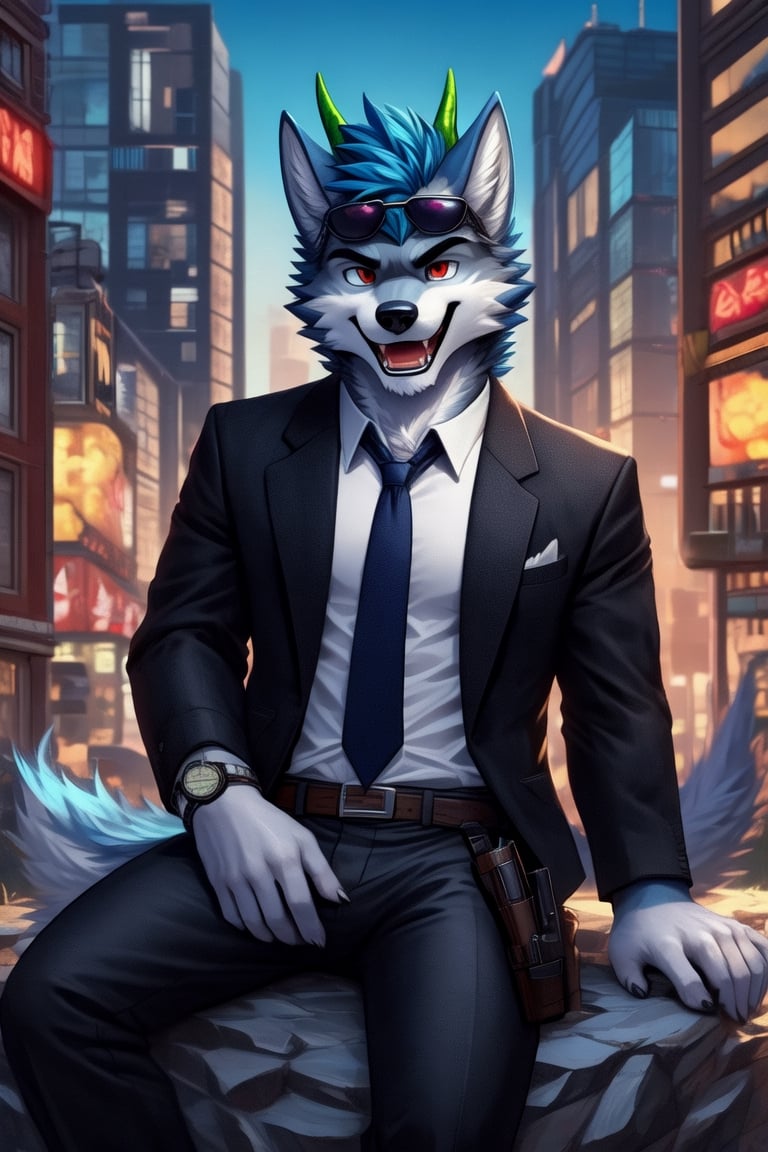 looking at viewer, open mouth, shirt, red eyes, 1boy, animal ears, blue hair, sitting in a rock, jacket, tail, white shirt, weapon, male focus, cowboy shot, outdoors, open clothes, necktie, horns, collared shirt, belt, pants, bracelet, open jacket, black jacket, fangs, black pants, formal, sunglasses, suspenders, suit, building, black necktie, furry, handgun, watch, city, hands in pockets, wristwatch, cityscape, holster, furry male, skyscraper, black suit, wolf boy,wolf,green_horns,wolfboy, sunglasses