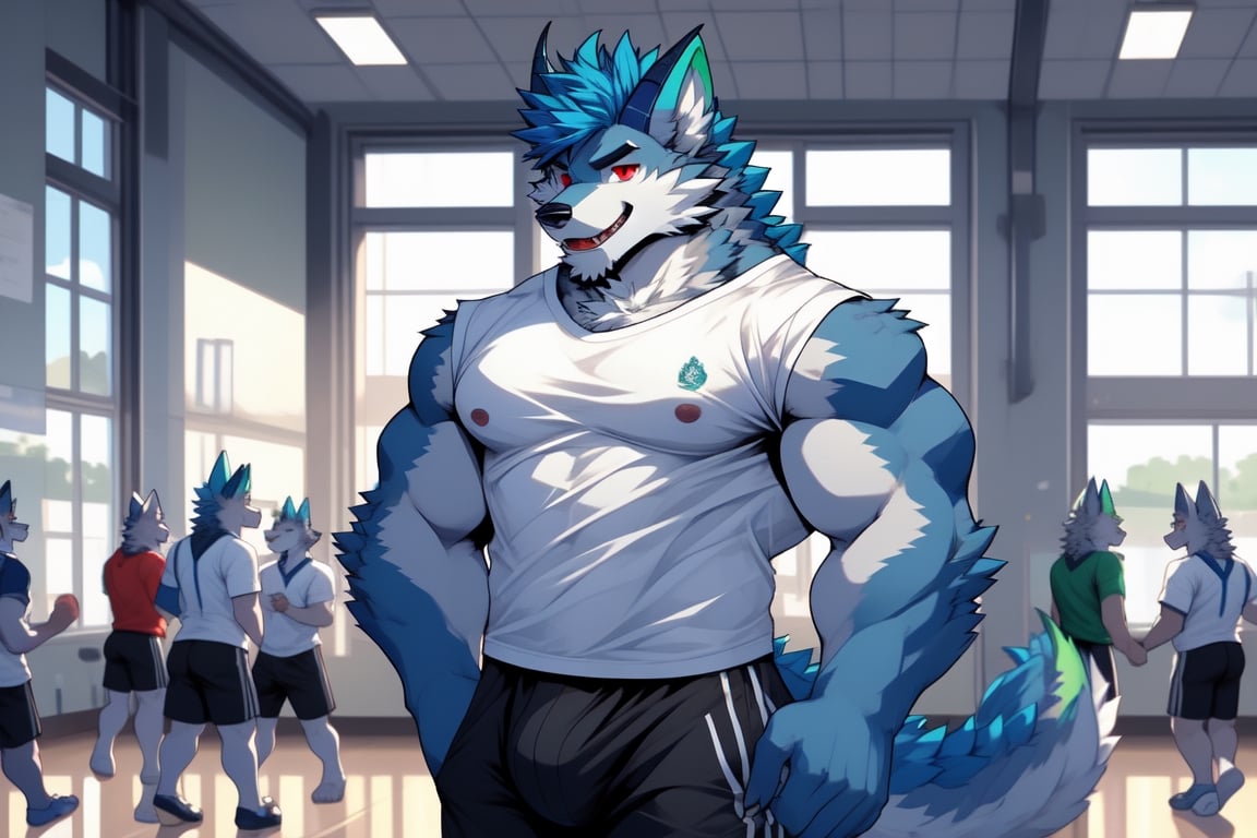 red eyes, 1boy, animal_ears,wolf_ears,wolf_tail ,blue hair,grey_fur, standing, male focus, furry, furry male,wolf boy,wolf,background_school, horns_dragón, green_horns, sexy, bulge, bara_tiddies, bulge,Physical_Education_Teacher, white_shirt