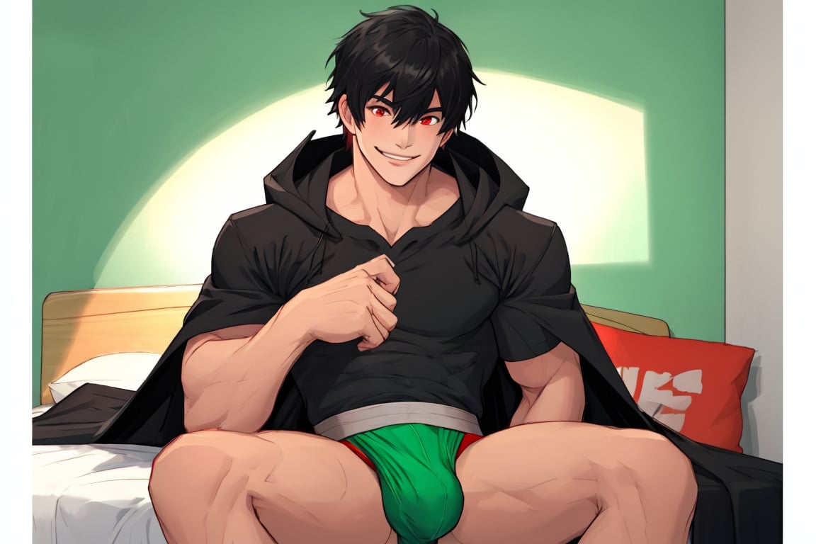 solo, looking at viewer, short hair, bangs,room background, shirt, black hair, red eyes, 1boy, white background, hair between eyes, smile,sitting in a bed, short sleeves, male focus, cowboy shot, black shirt, muscular, cloak, pouch,black-coat, jockstrap, underwear,male underwear, bulge, red_jockstrap, open_legs