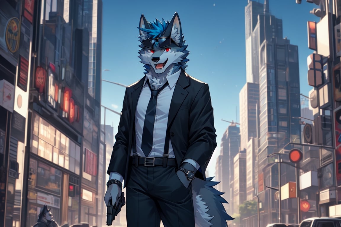 looking at viewer, open mouth, shirt, red eyes, 1boy, animal ears, blue hair, , jacket, tail, white shirt, weapon, male focus, outdoors, open clothes, necktie, horns, collared shirt, belt, pants, bracelet, open jacket, black jacket, fangs, black pants, formal, sunglasses, suspenders, suit, building, black necktie, furry, handgun, watch, city, hands in pockets, wristwatch, cityscape, holster, furry male, skyscraper, black suit, wolf boy,wolf,green_horns,wolfboy, sunglasses, solo, 1boy, shota