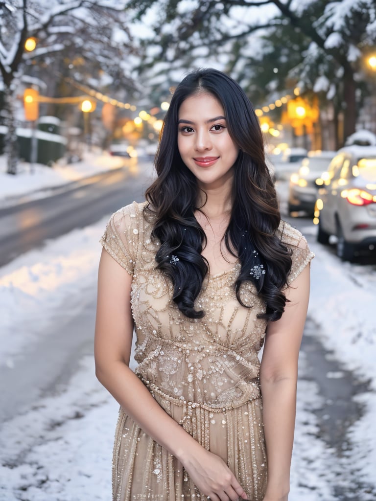 A lovely and cute Indian teenage girl, 23 years old, posing in a pretty foreign dress against the backdrop of a snowy winter road. Her long, blonde hair flows gently in the wind as she gazes out at the camera with a bright smile. The soft focus of the shot captures her youthful beauty and Instagram model charm.