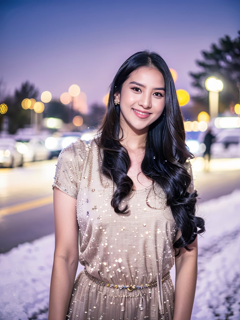 A lovely and cute Indian teenage girl, 23 years old, posing in a pretty foreign dress against the backdrop of a snowy winter road. Her long, blonde hair flows gently in the wind as she gazes out at the camera with a bright smile. The soft focus of the shot captures her youthful beauty and Instagram model charm.