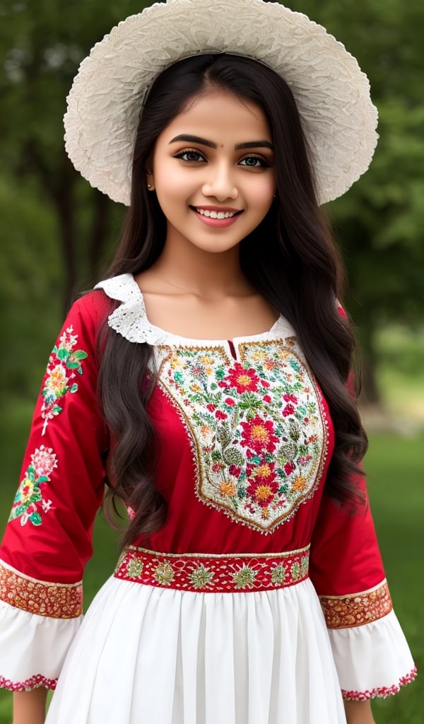 beautiful young woman, blonde, smiling, (Ukrainian national dress, embroidery ornament, white, red, black, Ukrainian national dress), day, park, realistic cute indian girl 18 years old 