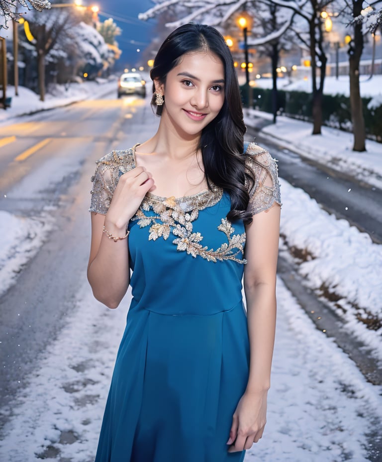 A lovely and cute Indian teenage girl, 23 years old, posing in a pretty foreign dress against the backdrop of a snowy winter road. Her long, blonde hair flows gently in the wind as she gazes out at the camera with a bright smile. The soft focus of the shot captures her youthful beauty and Instagram model charm.  Blue colour dress 