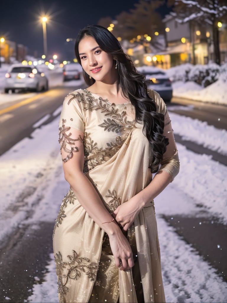 A lovely and cute Indian teenage girl, 23 years old, posing in a pretty foreign dress against the backdrop of a snowy winter road. Her long, blonde hair flows gently in the wind as she gazes out at the camera with a bright smile. The soft focus of the shot captures her youthful beauty and Instagram model charm.