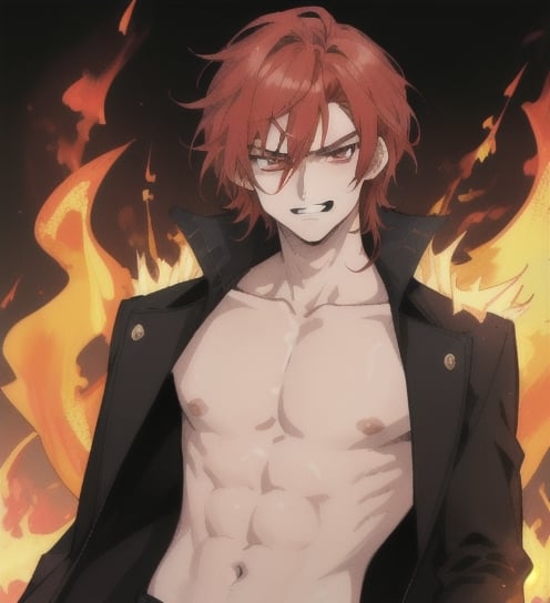 A beautiful anime man with short wavy straight red hair, ipnotic vermillion eyes, fair skin, bare chest, angry smile with exposed teeth, flames background, 1guy