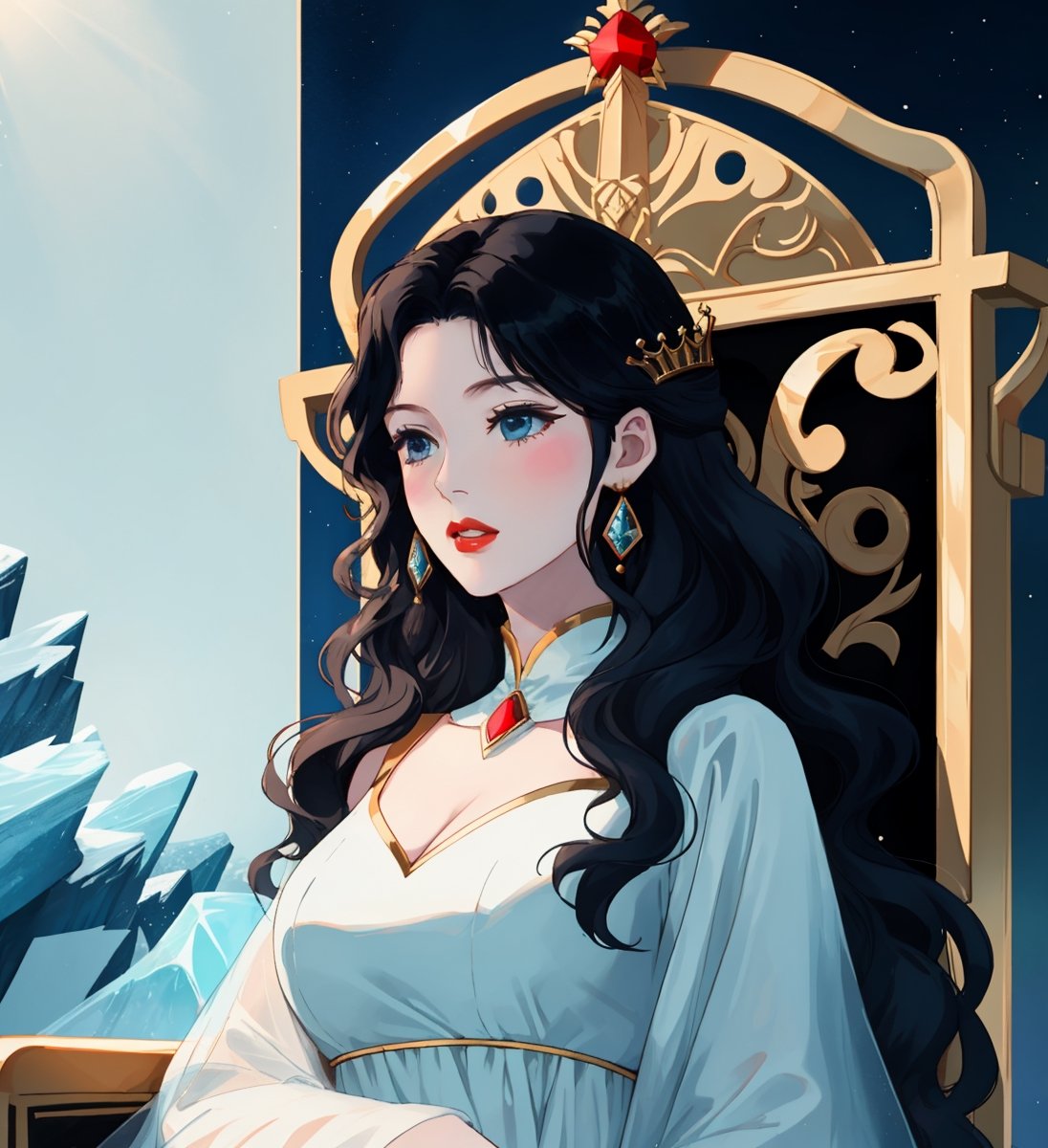 An ethereal woman, thirty years, long black wavy straight hair, light blue eyes, red lips, fair skin, viking white cerimonial dress, throne of ice, sole_female