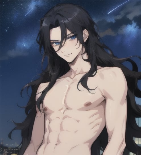 A beautiful anime man with long wavy straight black hair, ipnotic light blue eyes, fair skin, bare chest, sexy mischievous expression, night sky background, 1guy