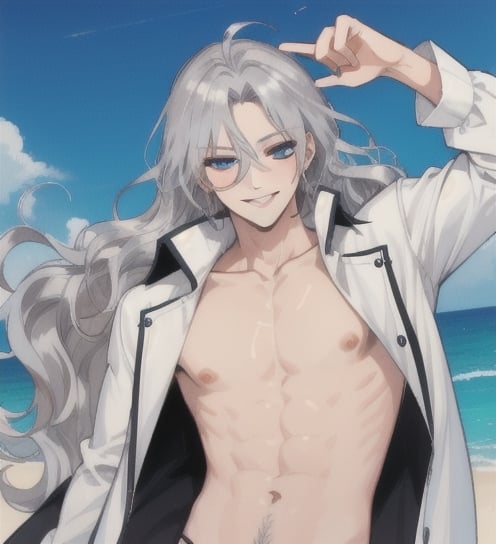 A man with long wavy straight silver hair, ipnotic light cerulean eyes, fair skin, winking smile, bare chest,1guy
