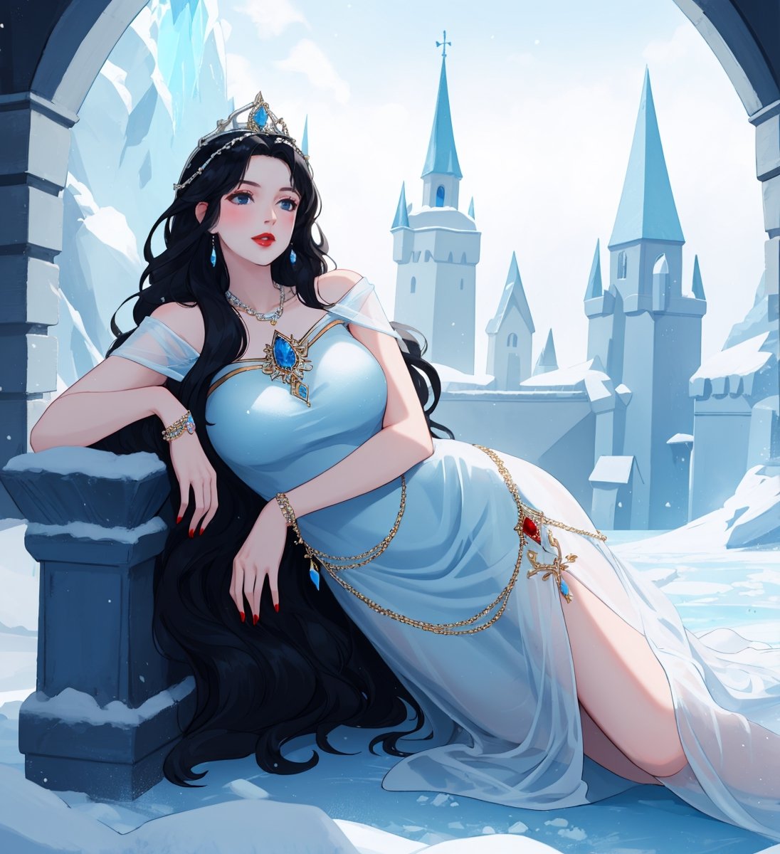 An ethereal woman, thirty years, long black wavy straight hair, light blue eyes, red lips, fair skin, viking white cerimonial dress, ice castle, ice throne, sole_female
