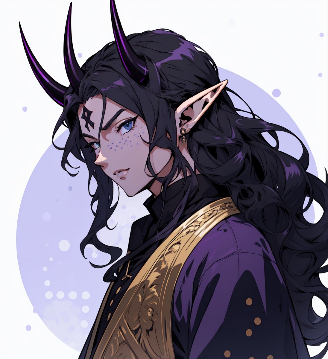 An anime elf man with long wavy straight black hair, purple horns, light blue eyes, black sclera, purple skin with bright white dots on the face, elegant cerimonial violet dress