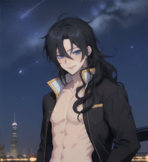 A beautiful anime man with long wavy straight black hair, ipnotic light blue eyes, fair skin, bare chest, winking smile, night sky background, 1guy