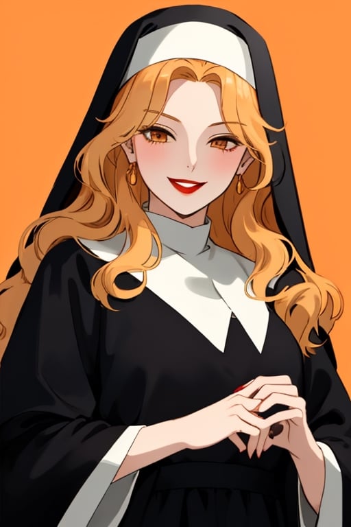 A beautiful witch woman with long wavy straight golden hair, light orange eyes, fair skin, red lips, winking mischievous expression, nun black dress