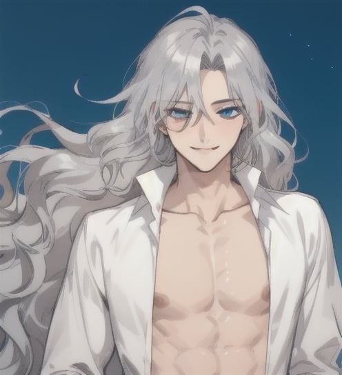 A man with long wavy straight silver hair, ipnotic light cerulean eyes, fair skin, winking smile, bare chest,1guy