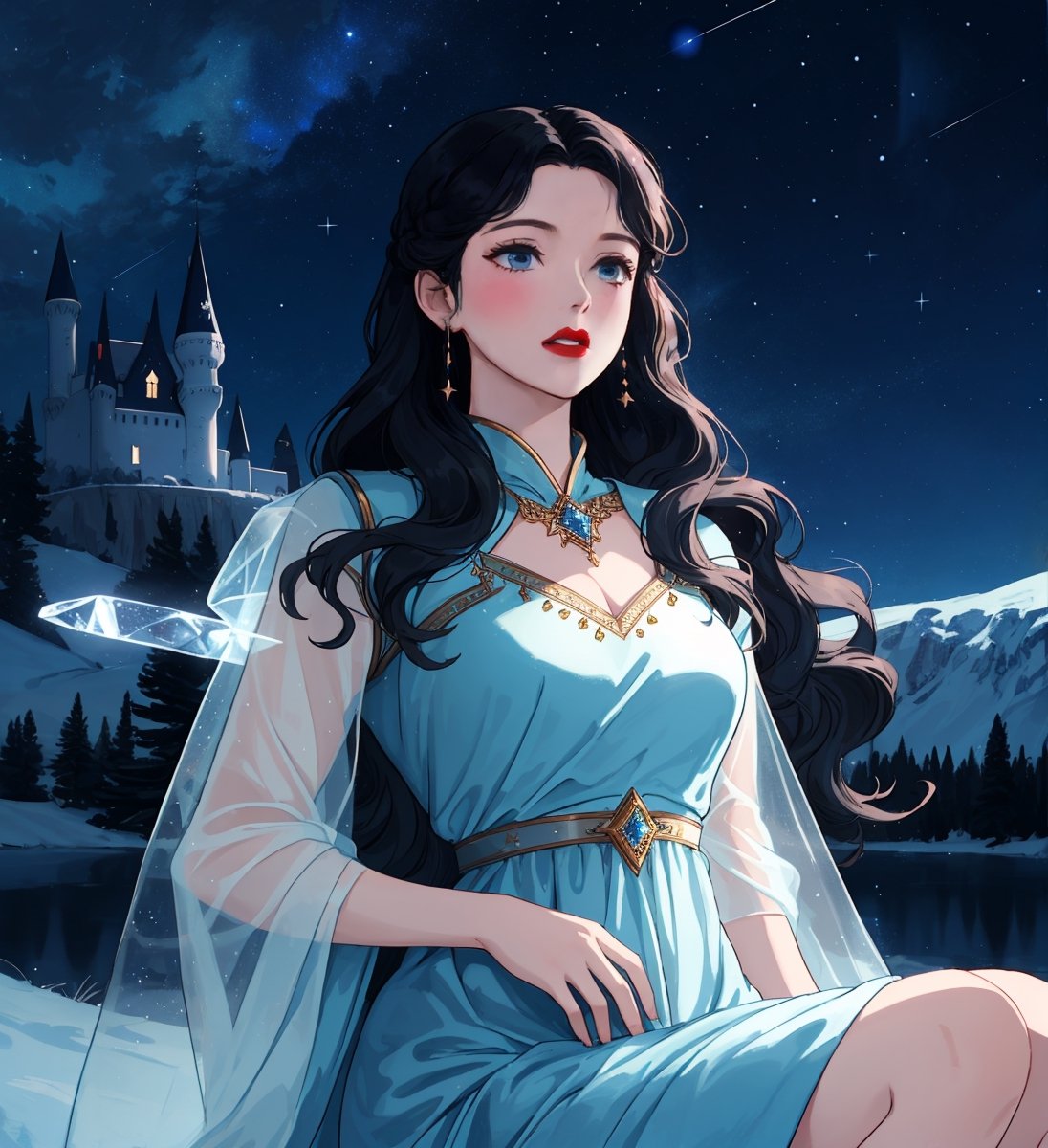 An ethereal woman, thirty years, long black wavy straight hair, light blue eyes, red lips, fair skin, viking white cerimonial dress, starry night sky, ice castle, ice throne, sole_female