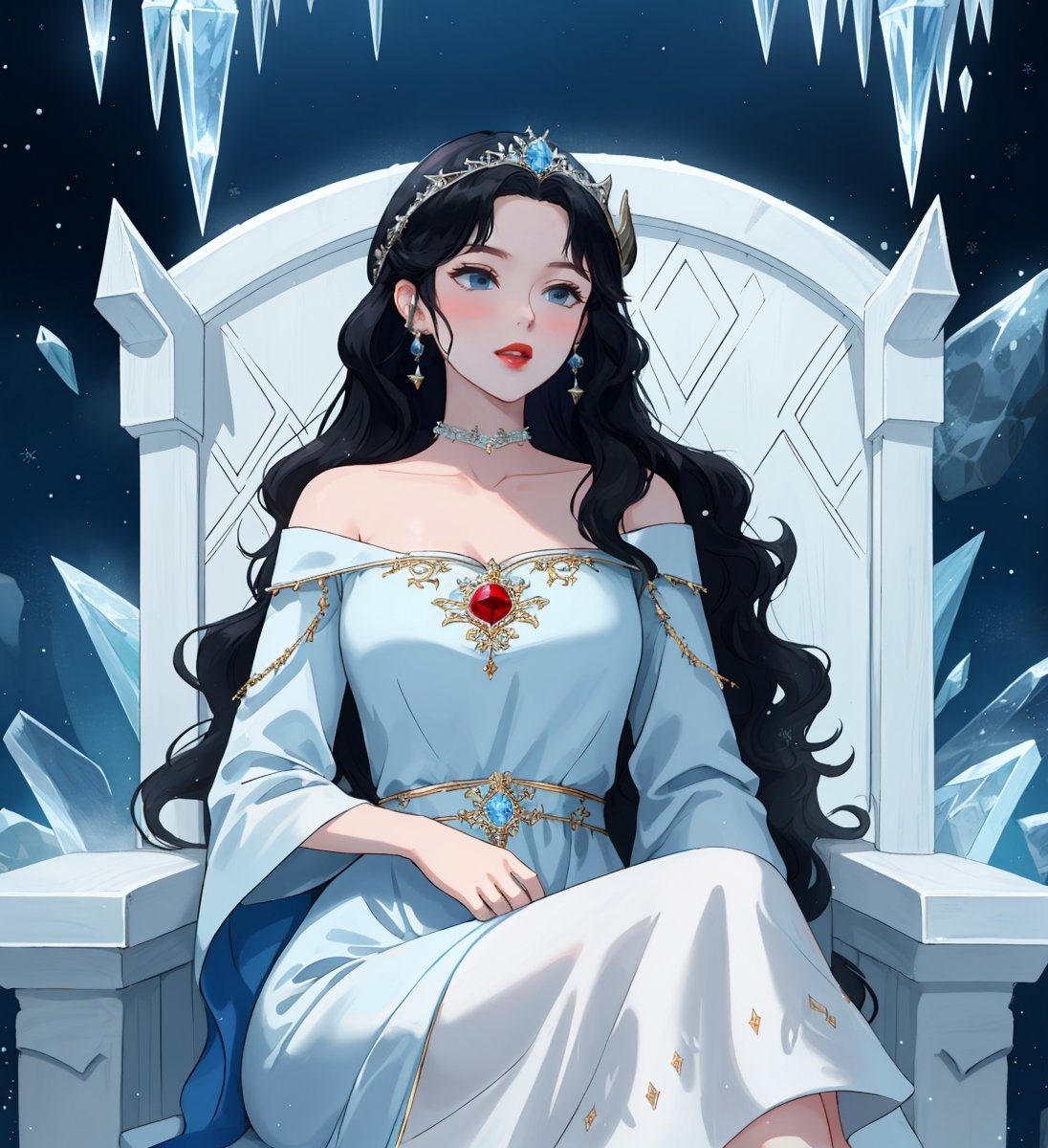 An ethereal woman, thirty years, long black wavy straight hair, light blue eyes, red lips, fair skin, viking white cerimonial dress, ice castle, ice throne, sole_female