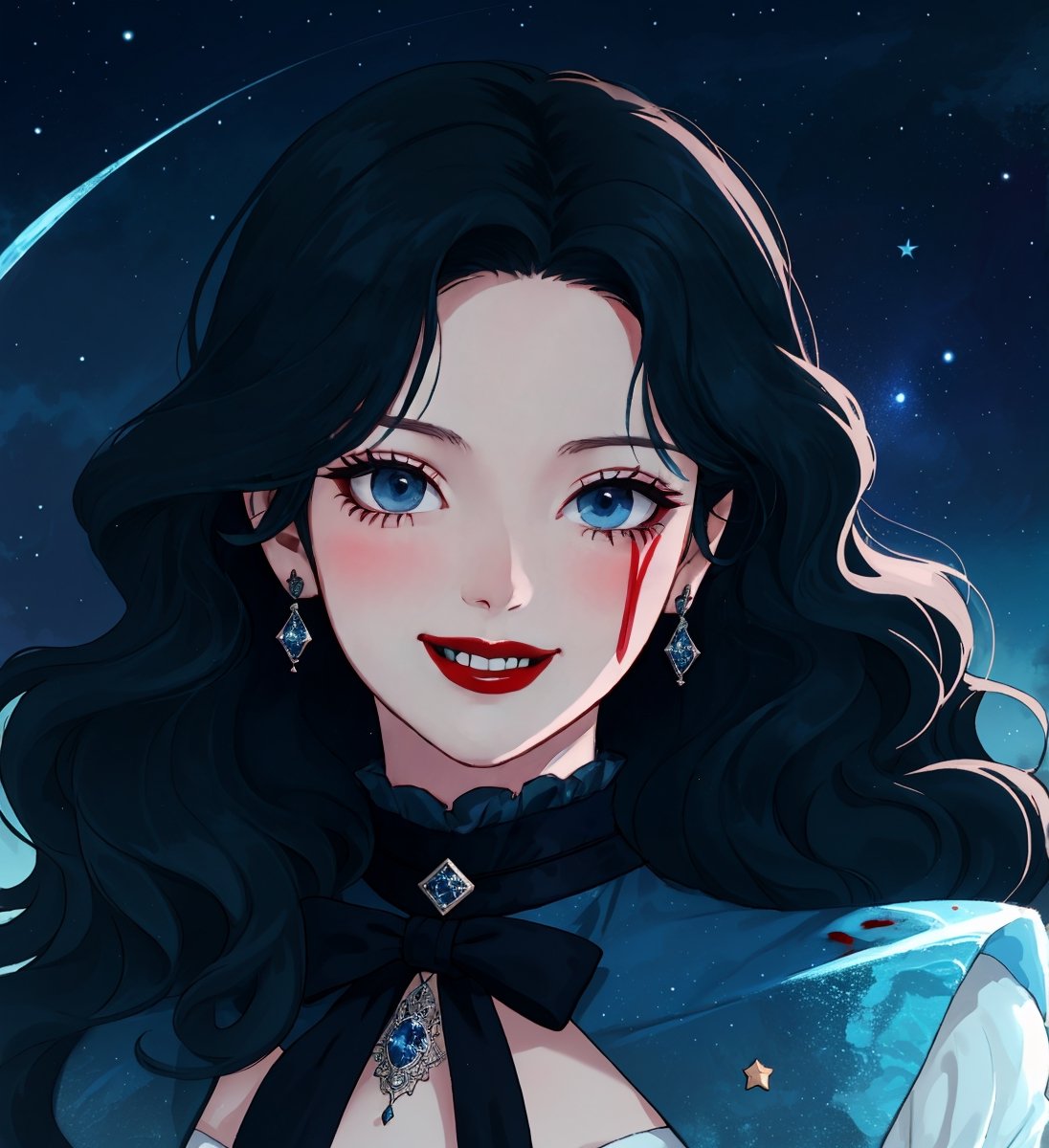 An ethereal woman, thirty years old, long black wavy straight hair, icy blue eyes, red lips, fair skin, winking smile, blood on her face, gothic victorian black, starry night sky, 1girl