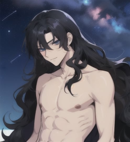 A beautiful anime man with long wavy straight black hair, ipnotic light blue eyes, fair skin, bare chest, sexy mischievous expression, night sky background, 1guy