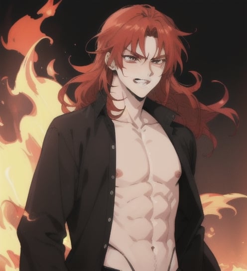 A beautiful anime man with wavy straight red hair, ipnotic vermillion eyes, fair skin, bare chest, angry smile with exposed teeth, flames background, 1guy