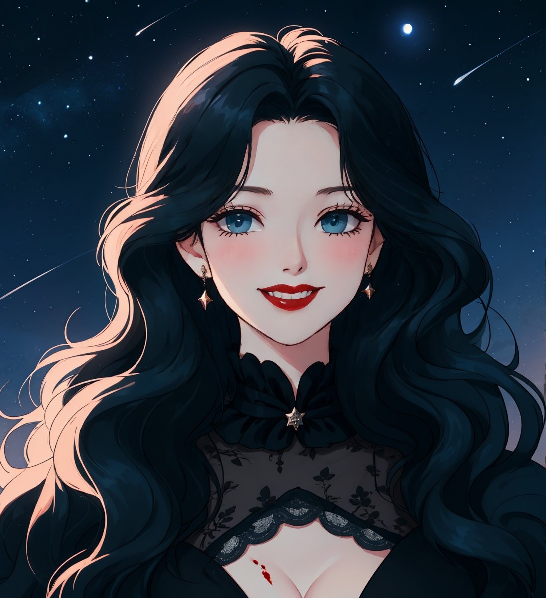 An ethereal woman, thirty years old, long black wavy straight hair, ice-blue eyes, red lips, fair skin, winking smile, blood on her face, gothic victorian black, starry night sky, 1girl