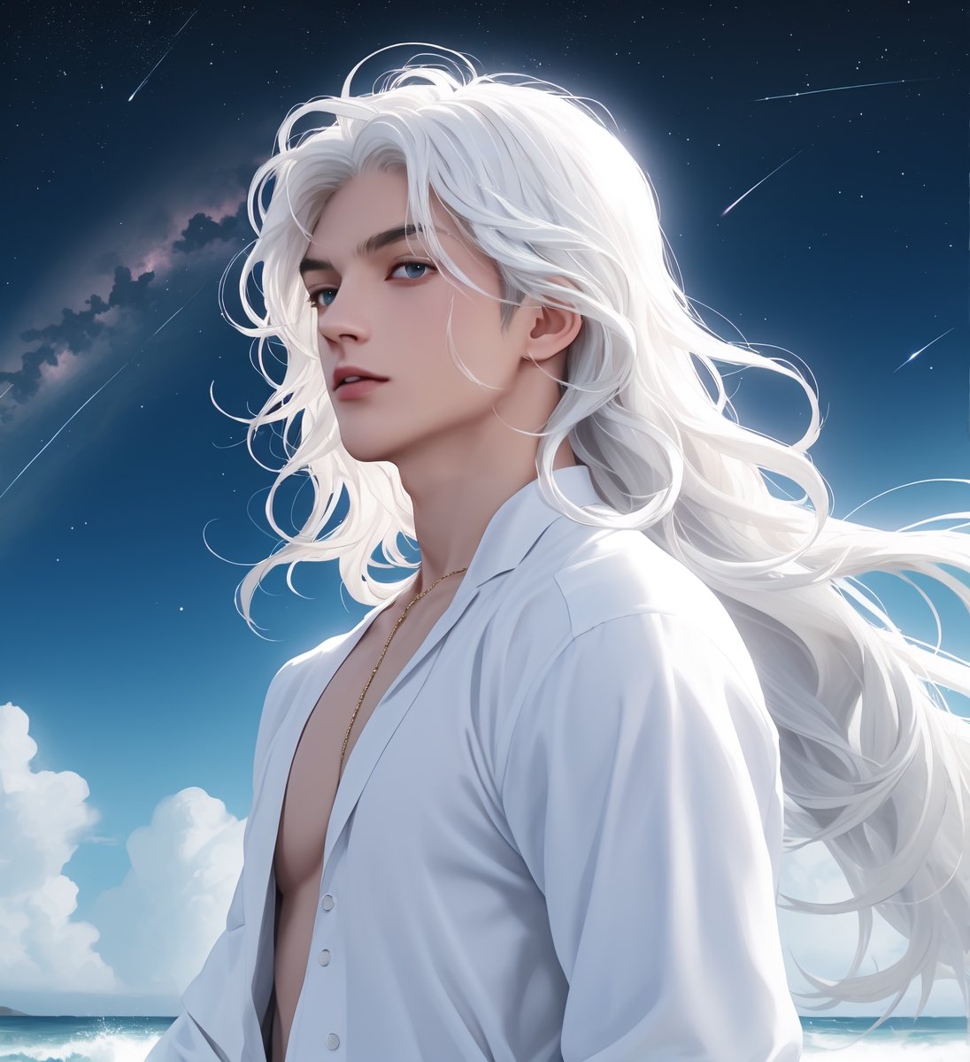 An ethereal man with long wavy straight white hair, light blue marine eyes, fair skin, elegant white dress, stars_(sky)