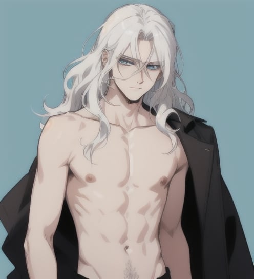 A man with long wavy straight white hair, ipnotic light cerulean eyes, fair skin, authoritarian expression, bare chest,1guy