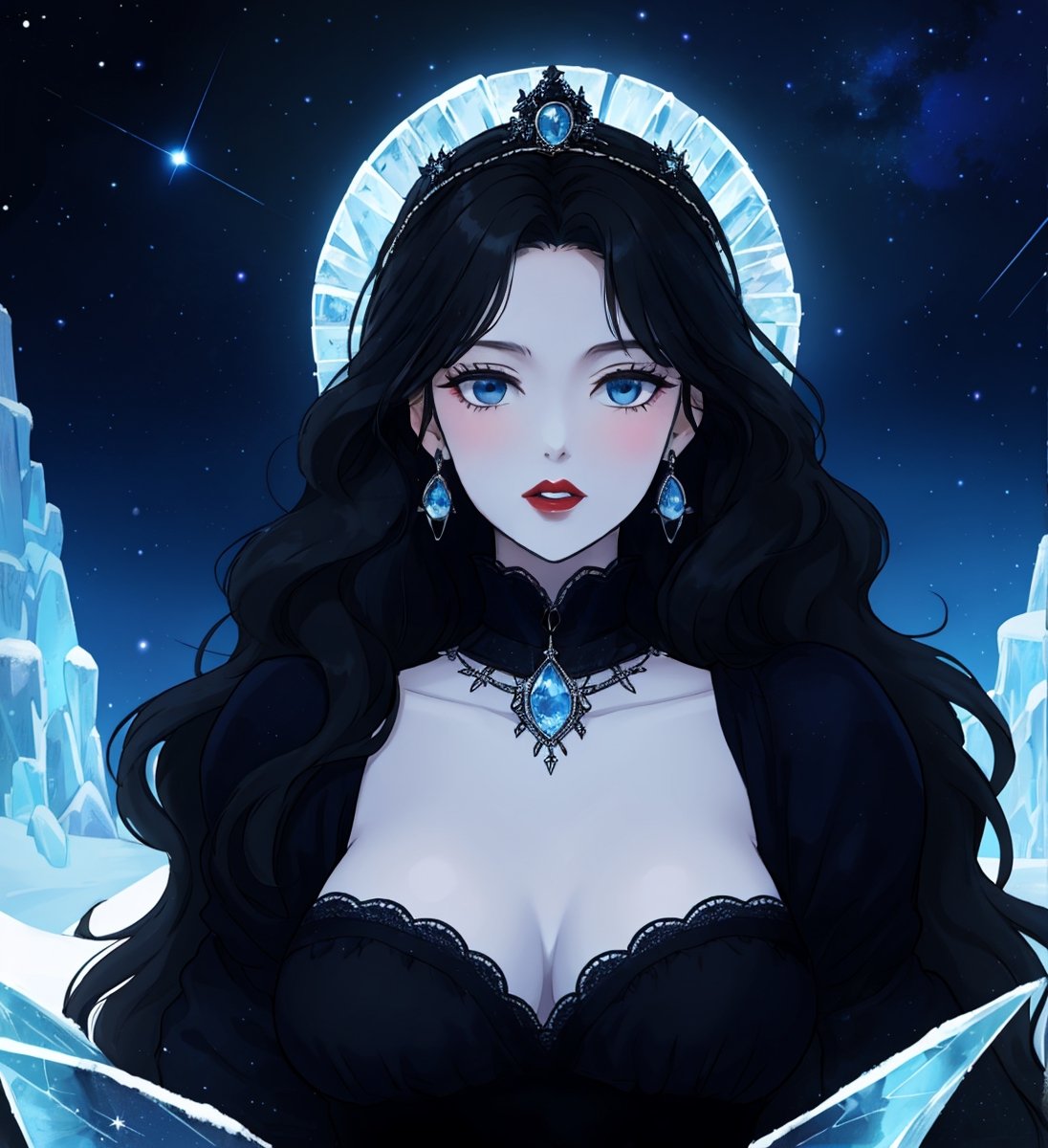 An ethereal woman, thirty years, long black wavy straight hair, light blue eyes, red lips, fair skin, gothic victorian black dress, starry night sky, ice castle, ice throne, sole_female