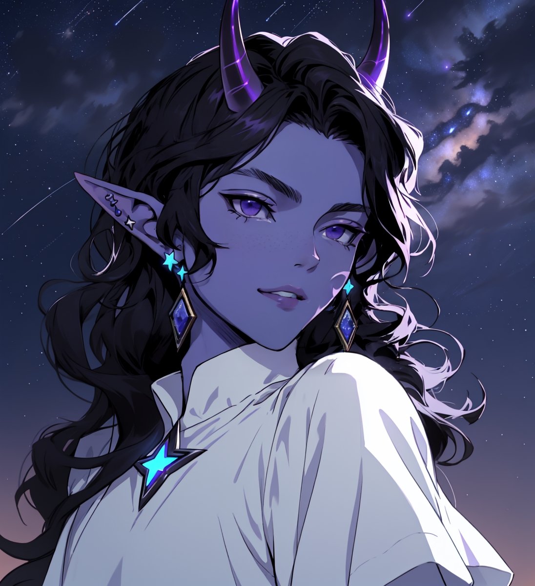 elven boy with long wavy straight black hair, purple horns, black sclera, light blue ice, purple skin with white dots on the face, elegant violet dress, star_(symbol), stars_(sky)