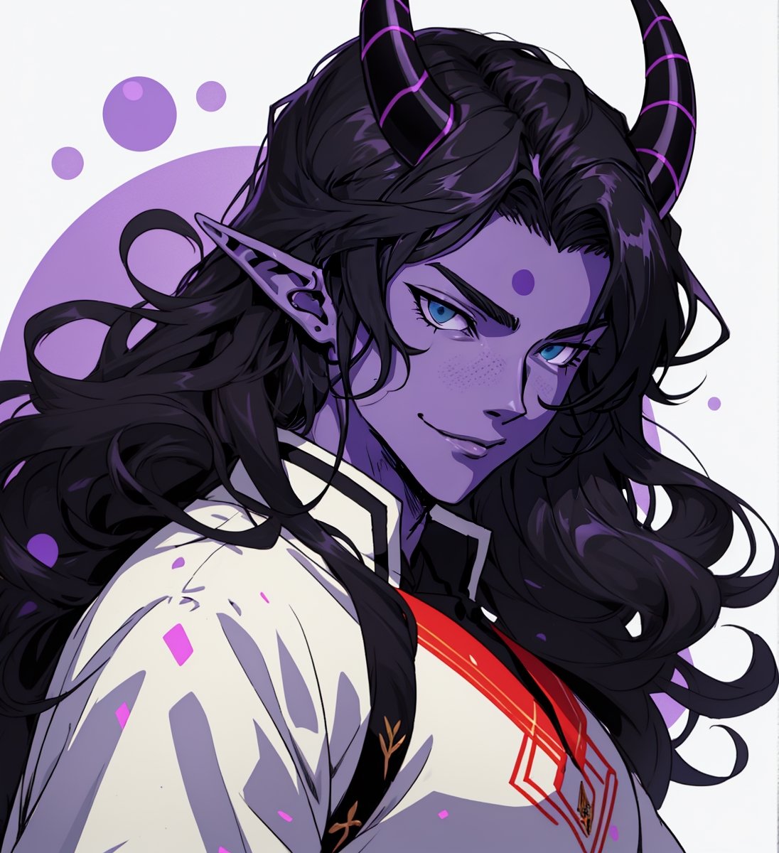 An anime elf man with long wavy straight black hair, purple horns, light blue eyes, black sclera, purple skin with bright white dots on the face, elegant cerimonial violet dress